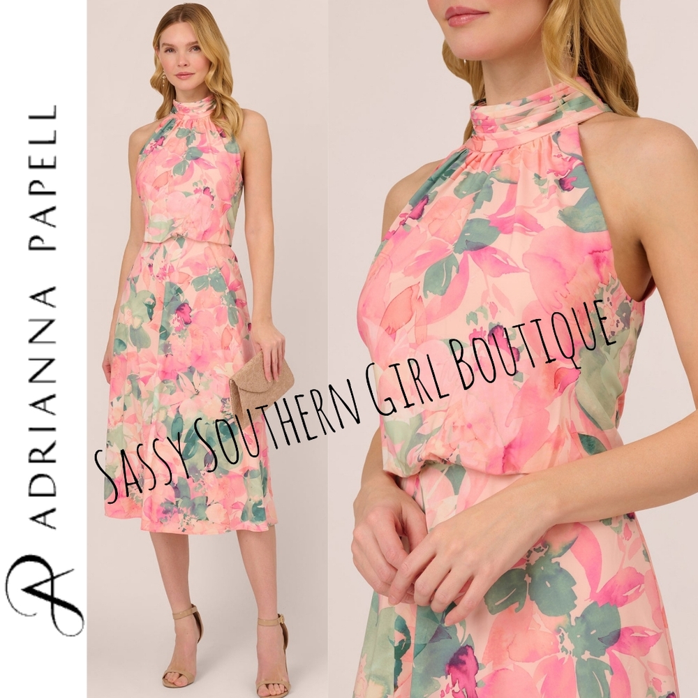 🆕⭐ Adrianna Papell Pink Floral Halter Dress